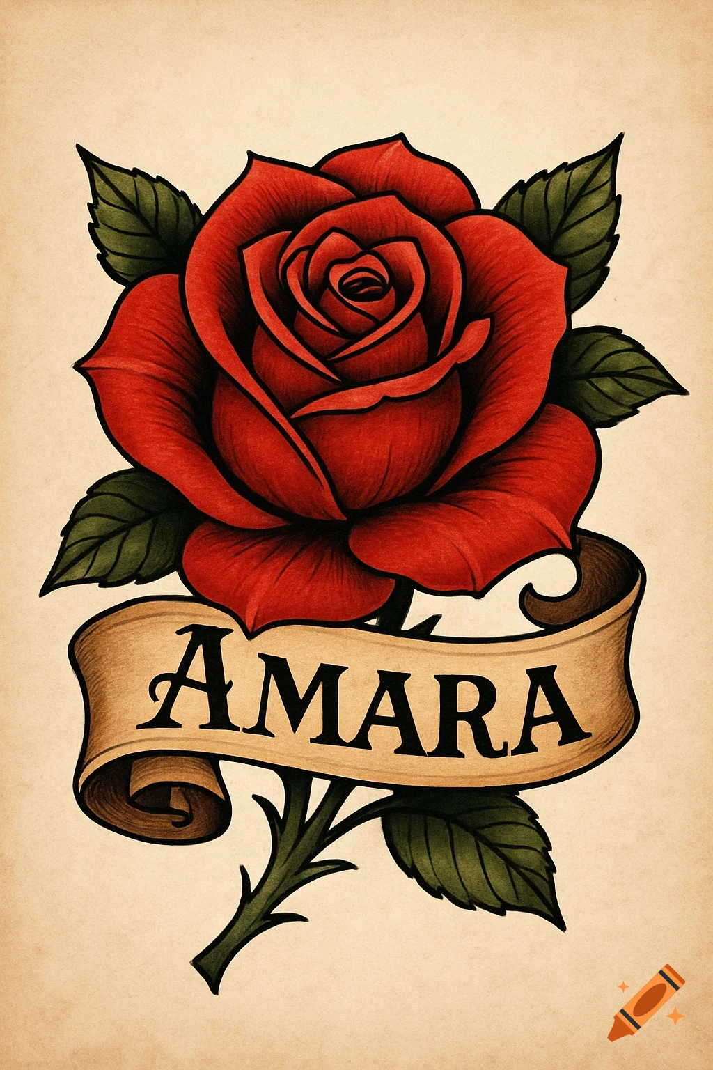 A traditional tattoo style red rose with a banner saying AMARA.