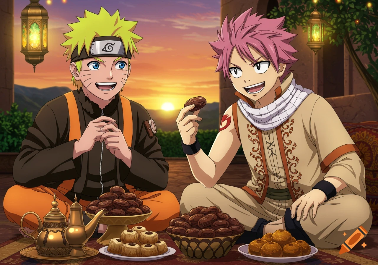Naruto and Natsu sitting on a rug, eating dates and sweets at sunset, anime style.