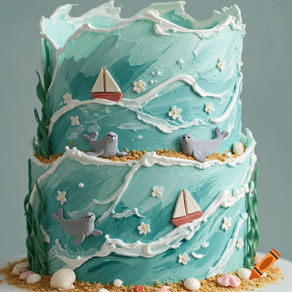 A two-tiered cake decorated like ocean waves with seals, sailboats, and beach elements.