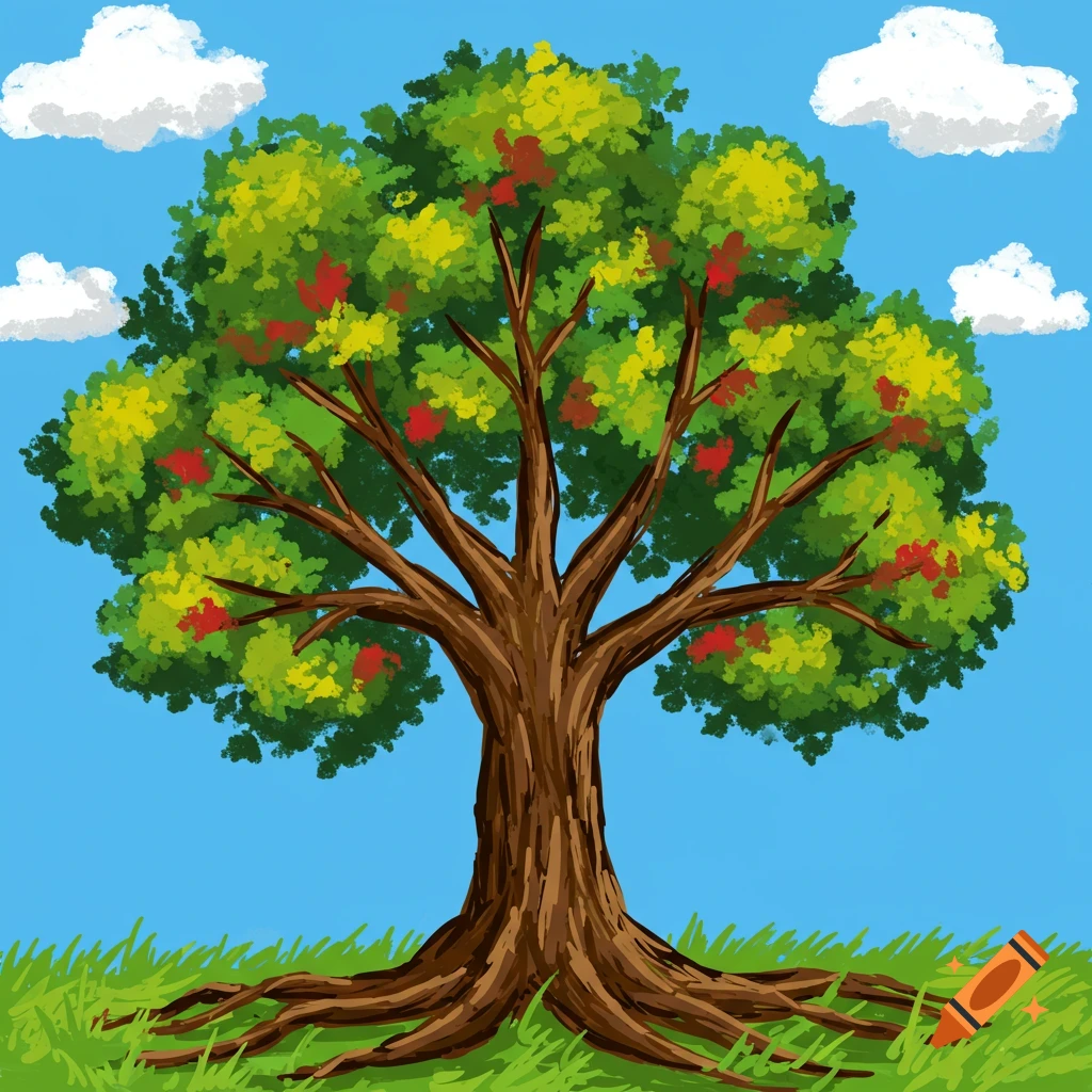 A drawing of a tree with green and red leaves, exposed roots, green grass, and white clouds in a blue sky.