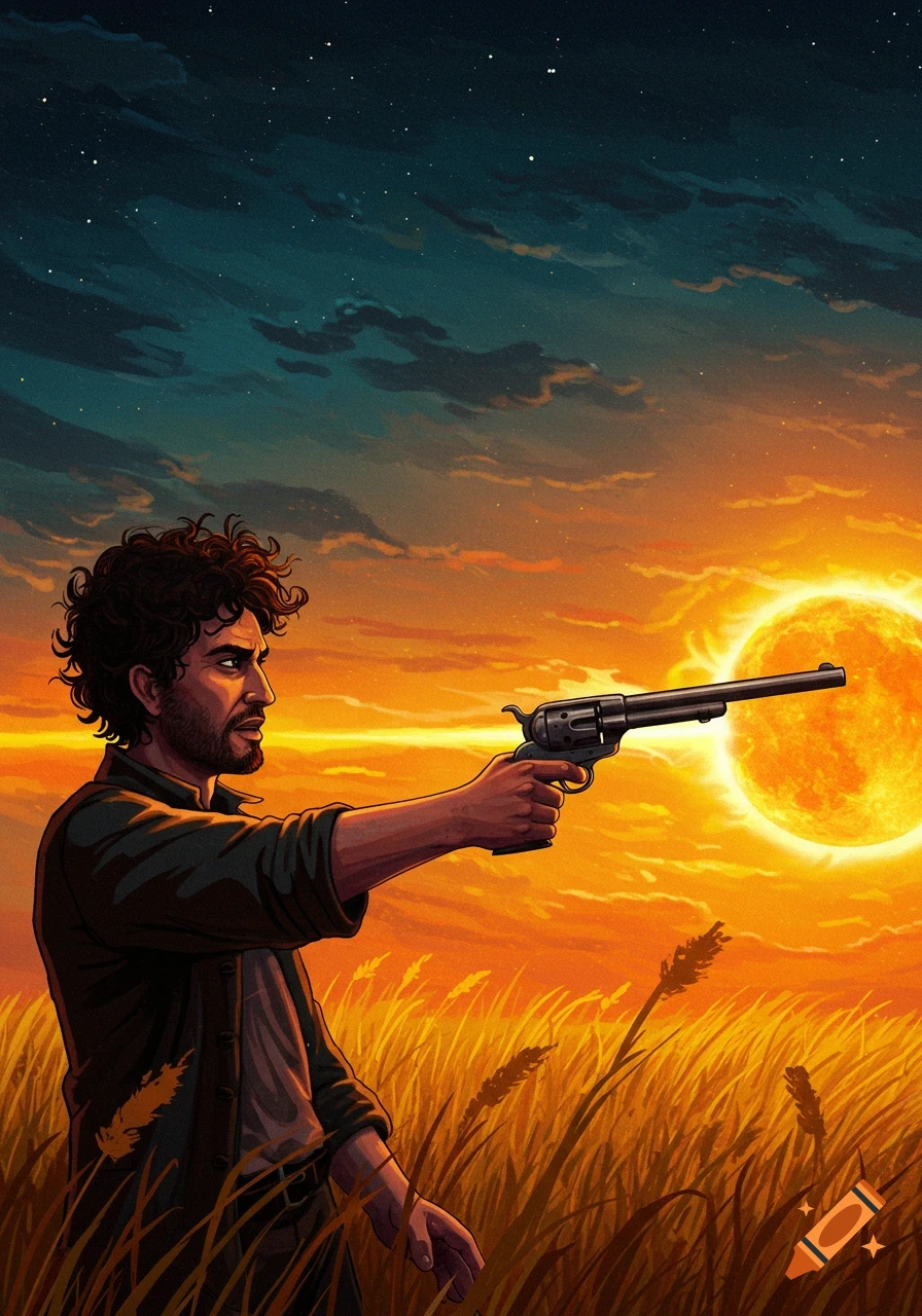 Illustration of a man pointing a long-barreled revolver at a bright sun in a golden field under a starry sky.