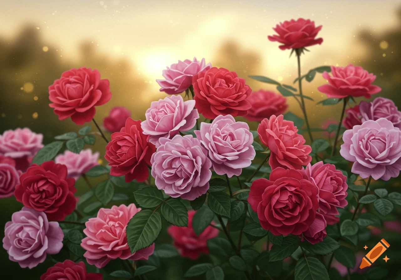 Close-up of pink and red roses blooming in a garden with a golden sunset background.