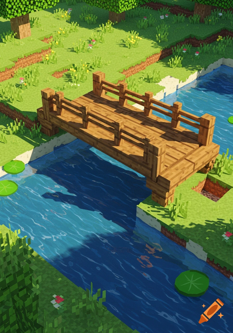 A small blocky wooden bridge crosses a river in a sunny Minecraft landscape with grass, trees, and lily pads.
