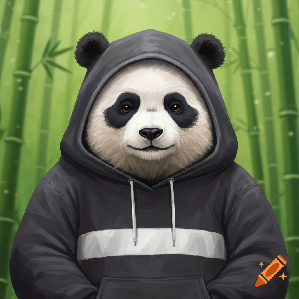 A panda wearing a black hoodie with a white stripe stands against a bamboo background.