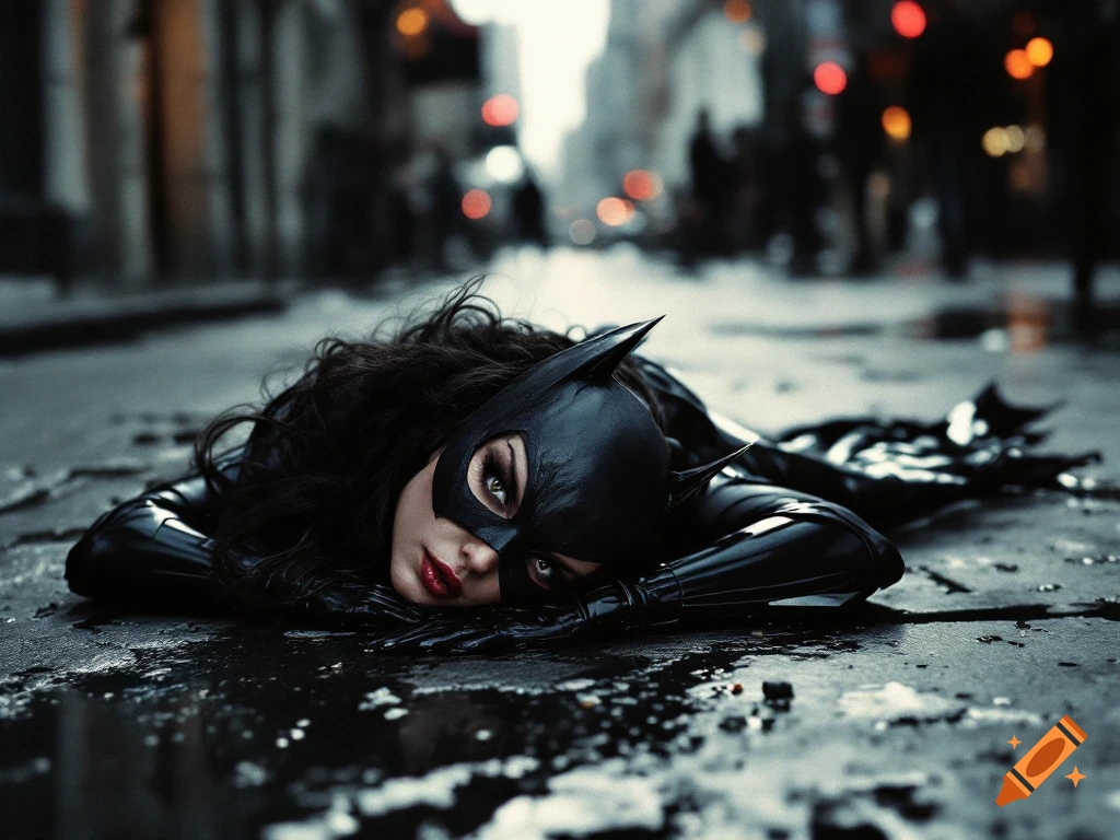 Woman in Batgirl costume lying face down on a wet street.