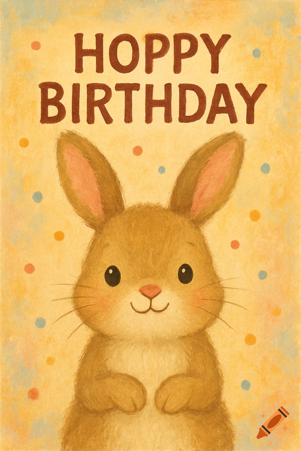 Illustration of a cute brown bunny with Hoppy Birthday text and colorful dots on a yellow background.