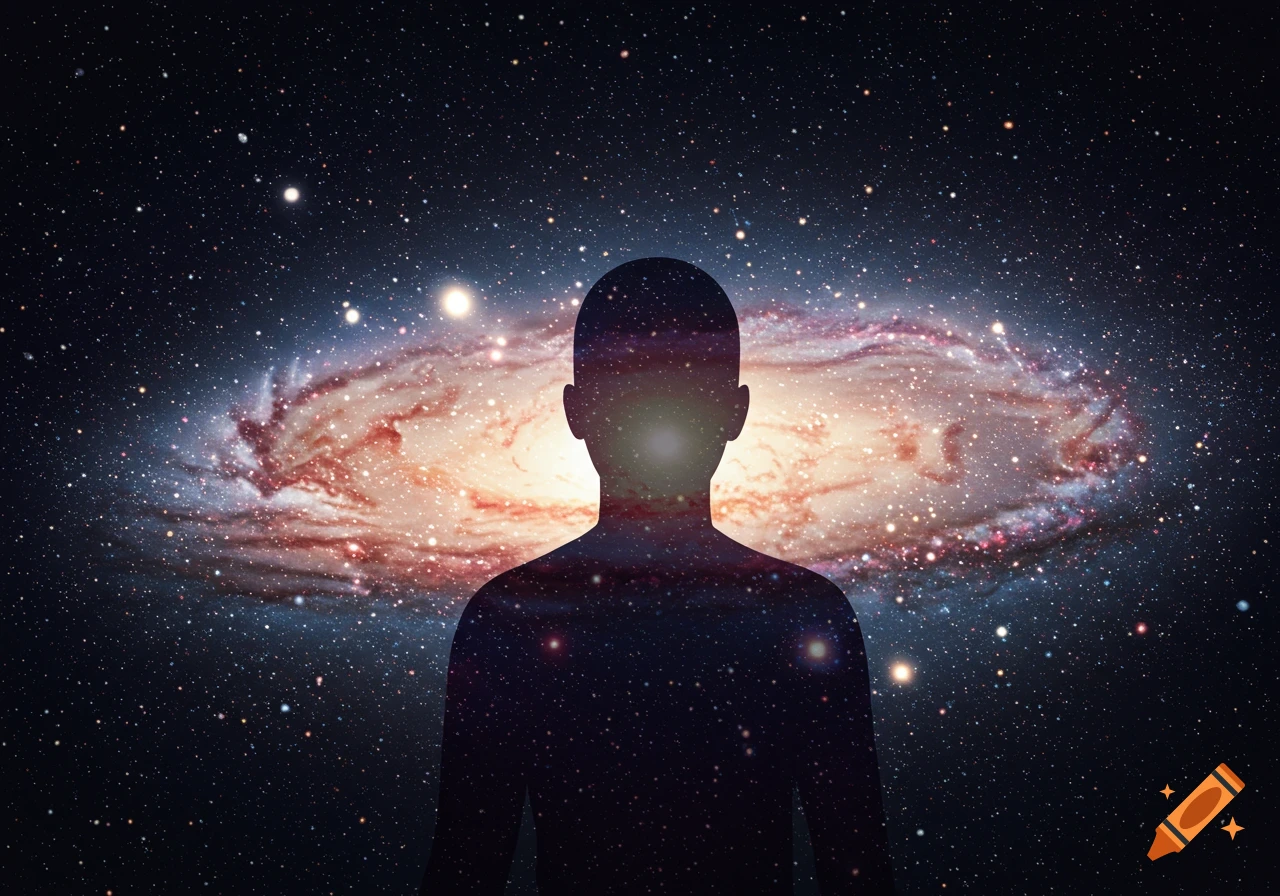 Human silhouette filled with stars against a galaxy background.