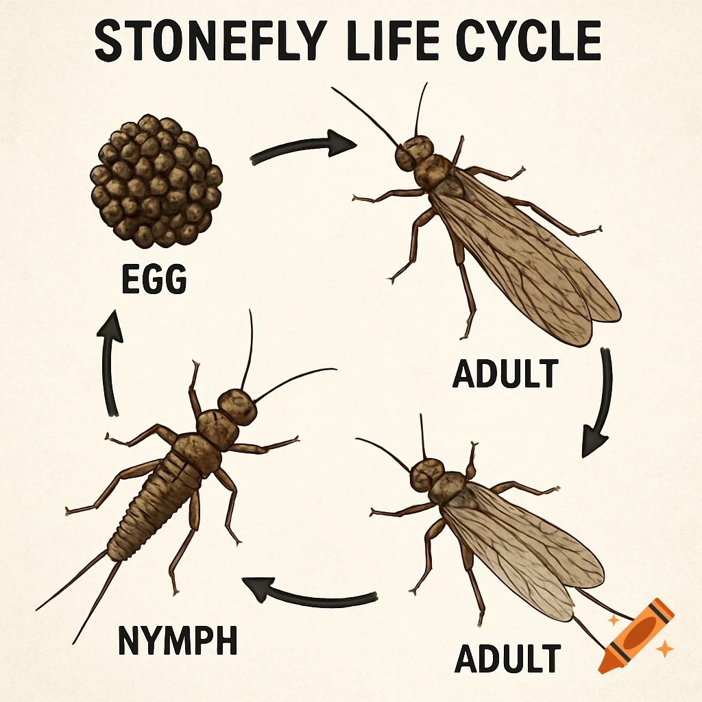 Illustration depicting the life cycle of a stonefly: egg, nymph, and adult stages shown with labels and arrows.