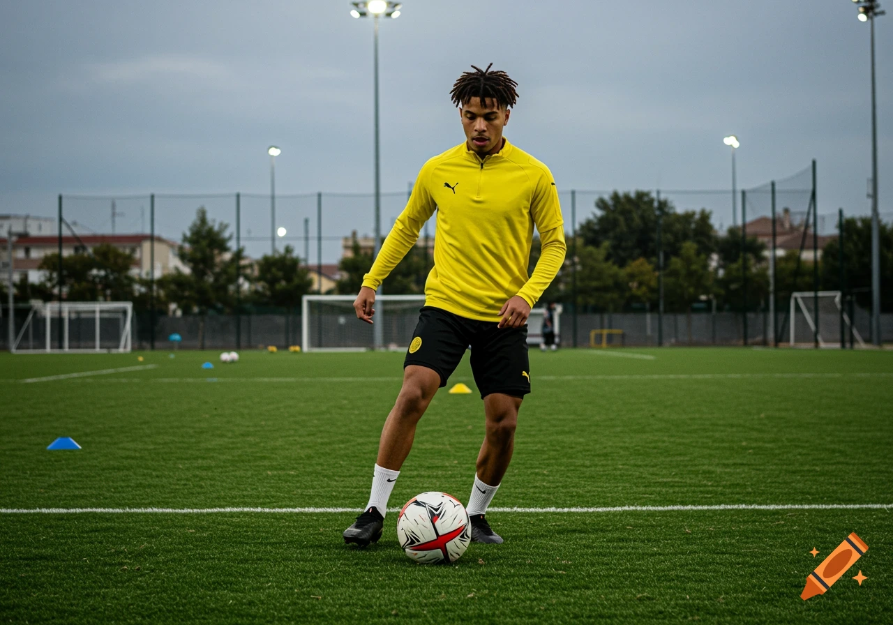 A young male soccer player dribbles a ball on a green field.