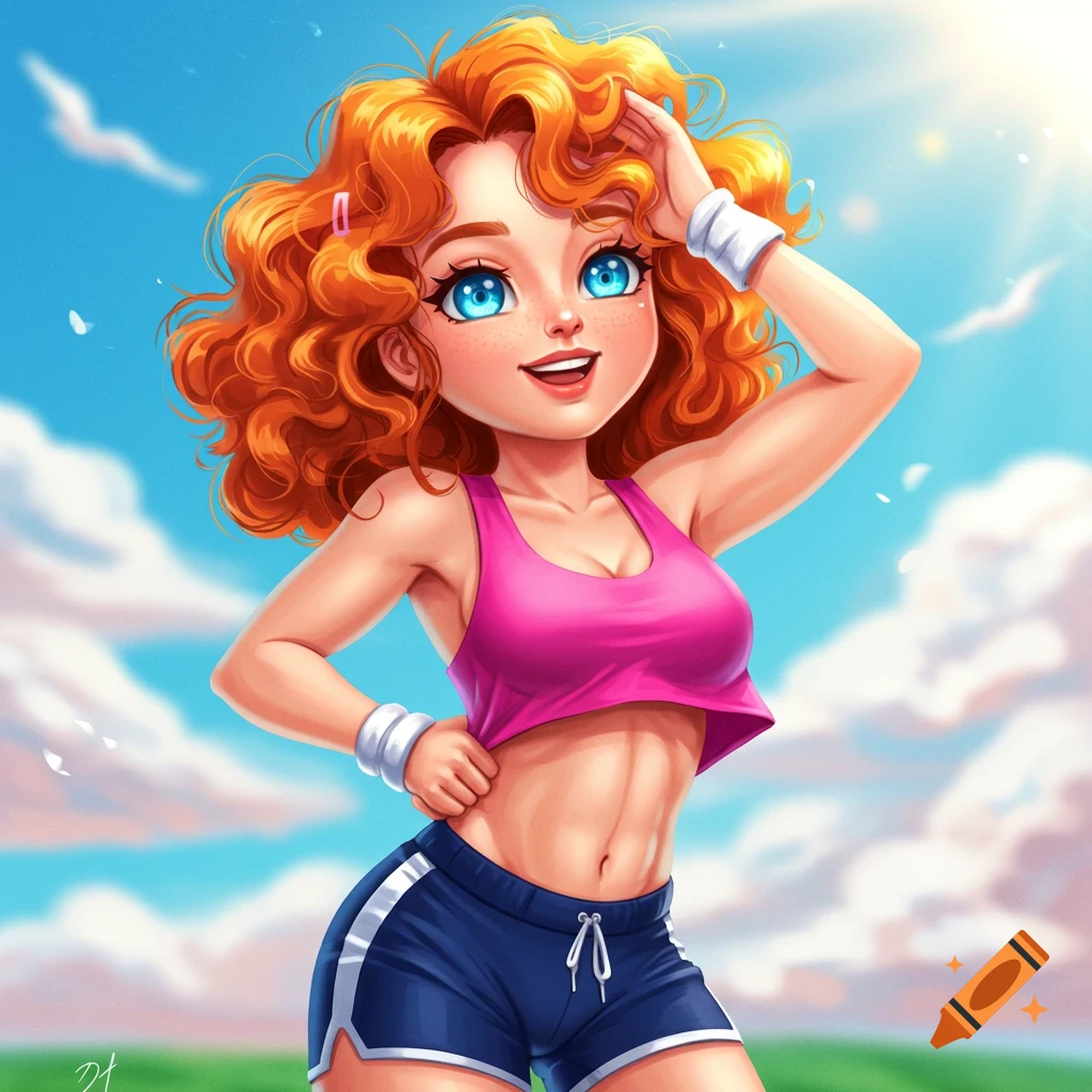 Cartoon woman with red curly hair in a pink sports top and blue shorts poses outdoors in the sun.