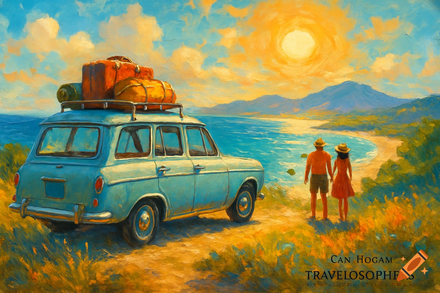 Painting of a vintage car packed for travel parked on a hill overlooking a beach with a couple watching the sunset.