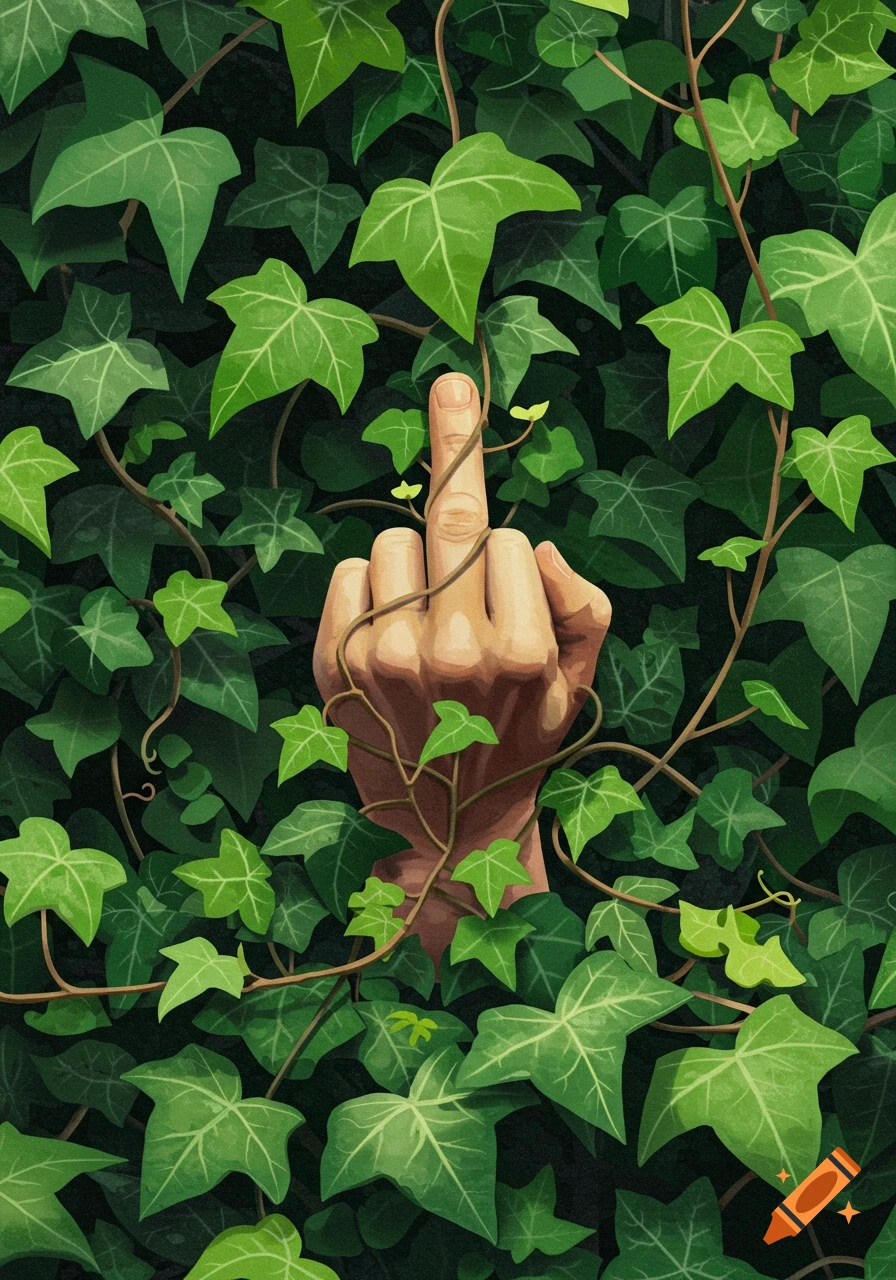 A hand giving a middle finger gesture surrounded by lush green ivy.