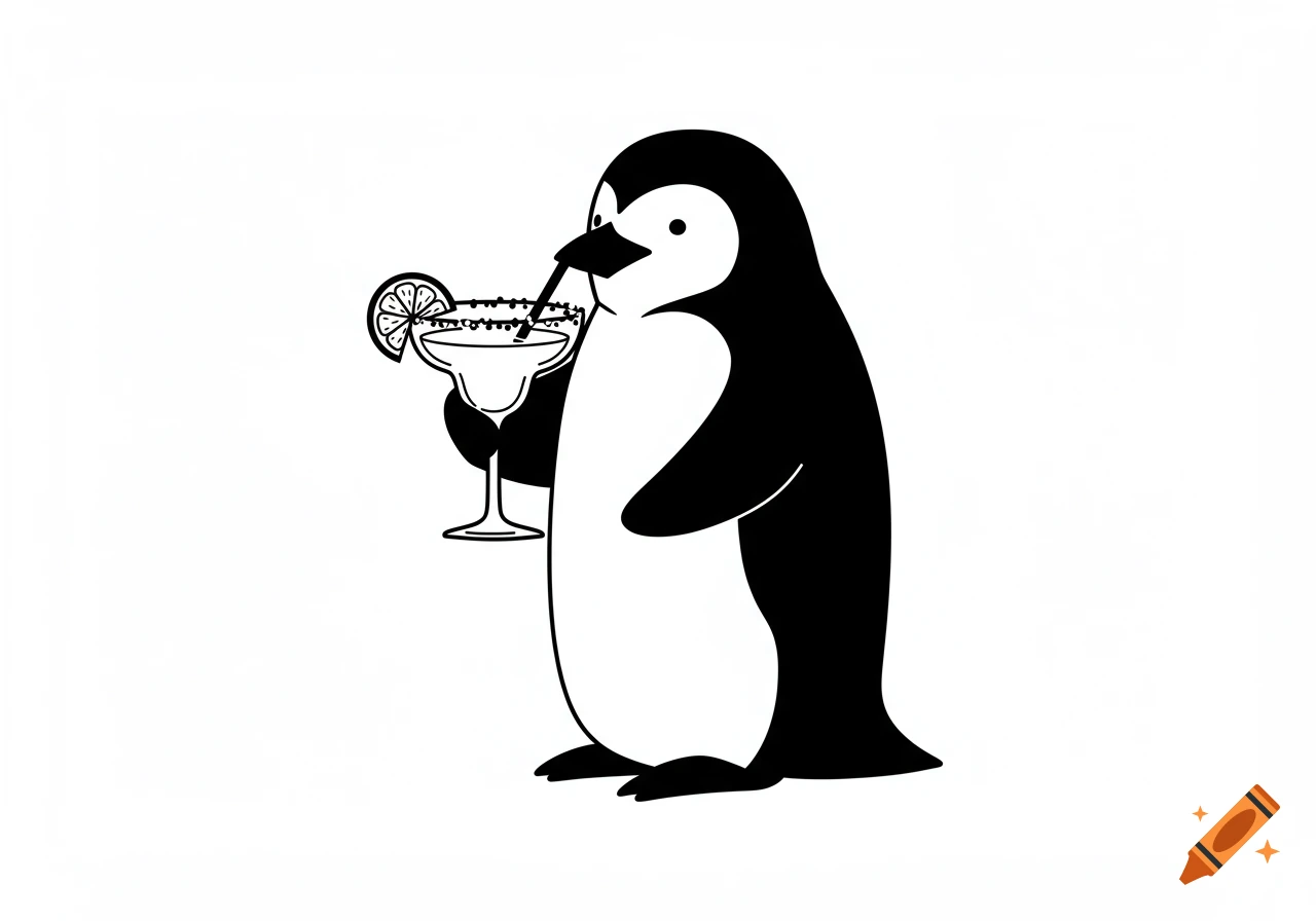 A black and white illustration of a penguin holding a margarita.