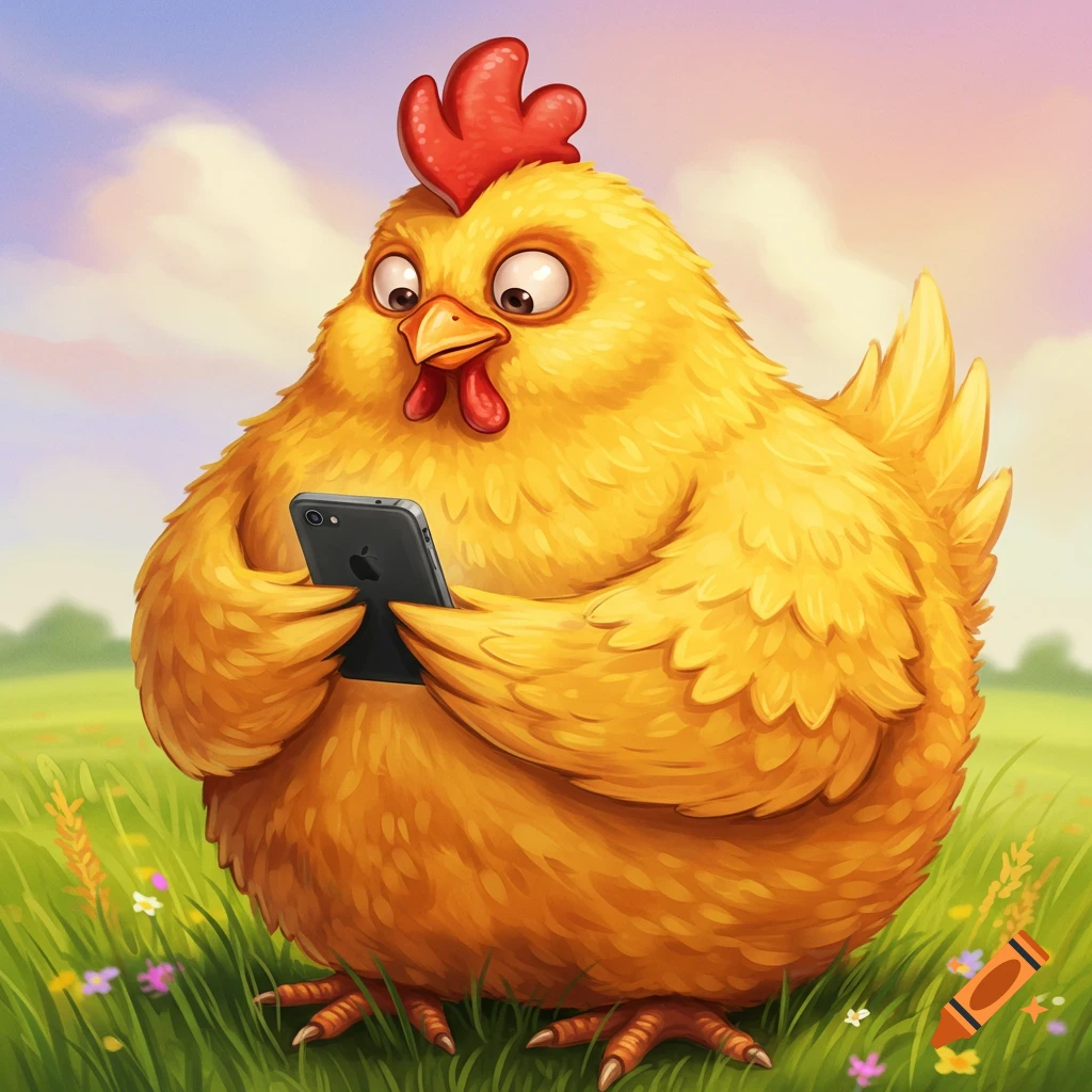 Cartoon chicken holding a smartphone in a grassy field