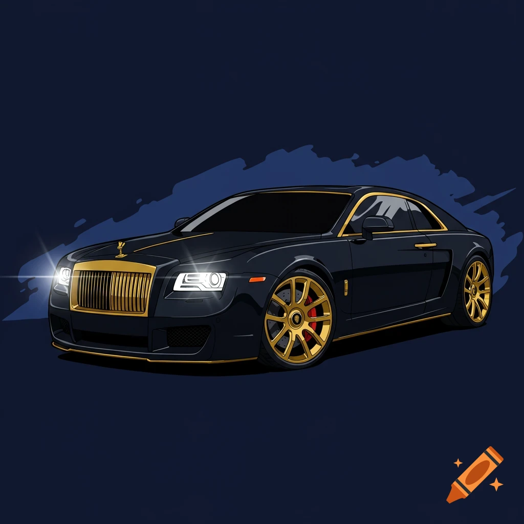 Bold vector illustration of a black Rolls Royce coupe with gold trim and wheels against a dark blue background.