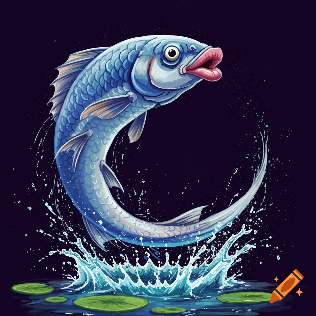 A cartoon blue fish with large pink lips leaps out of water against a dark background.