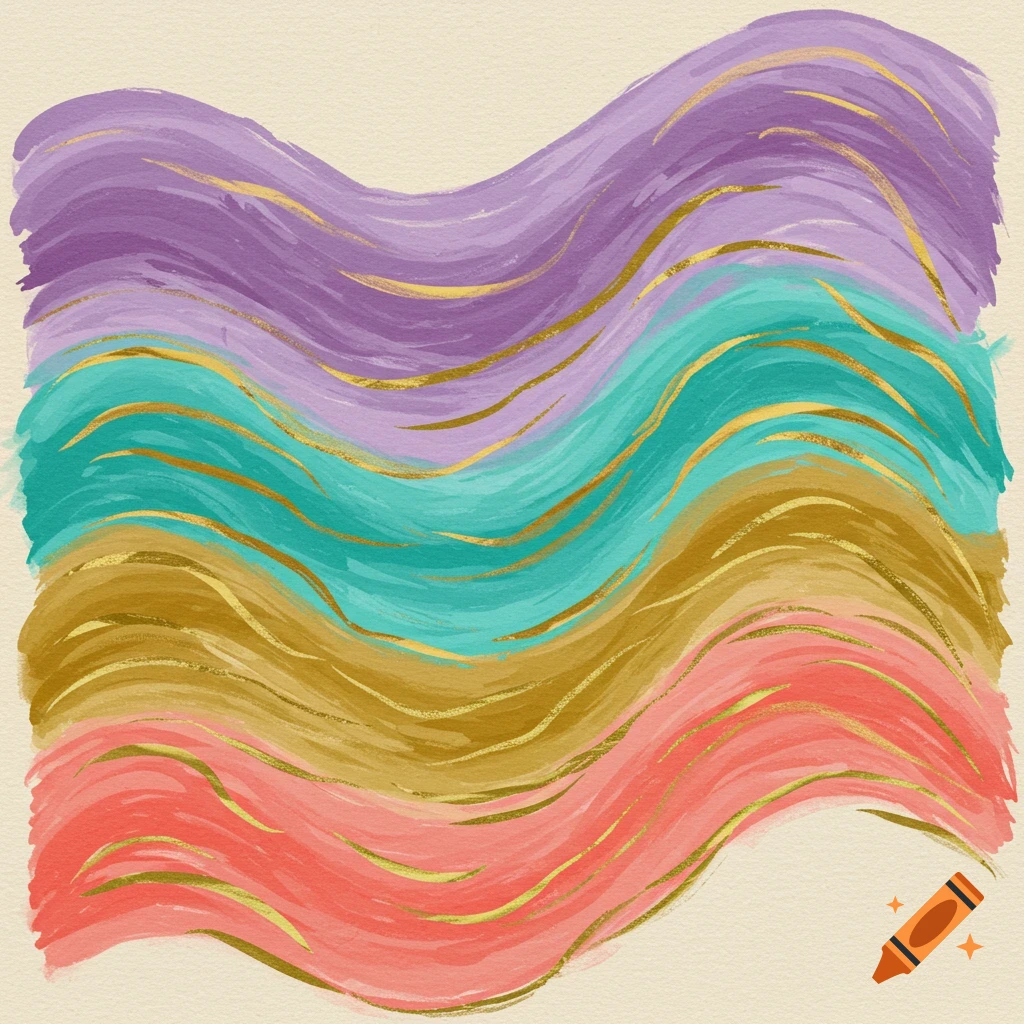 Abstract wavy pattern with purple, turquoise, gold, and coral stripes and gold accents
