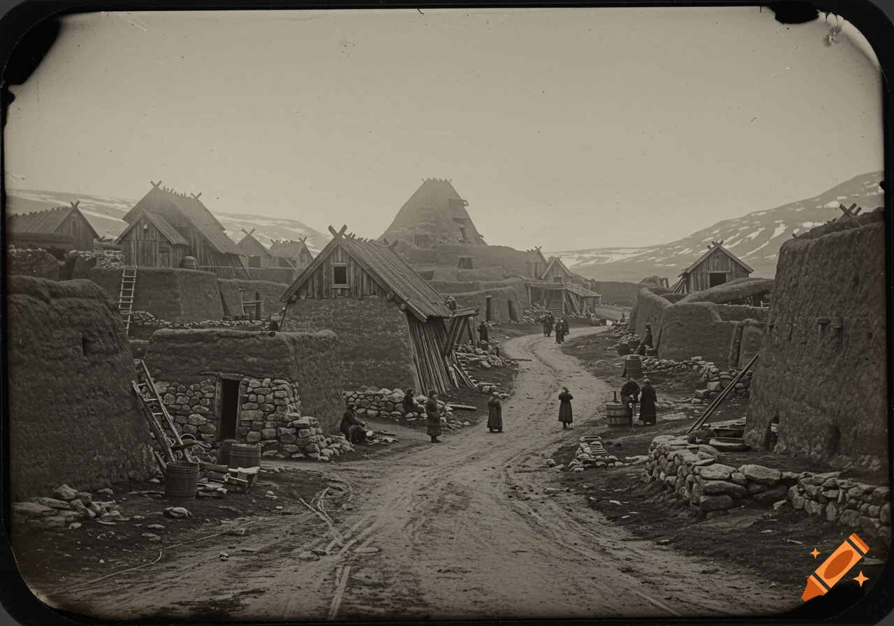 A 19th century style photo of a village with stone and earth-covered buildings and people on a dirt road, with mountains in the background.