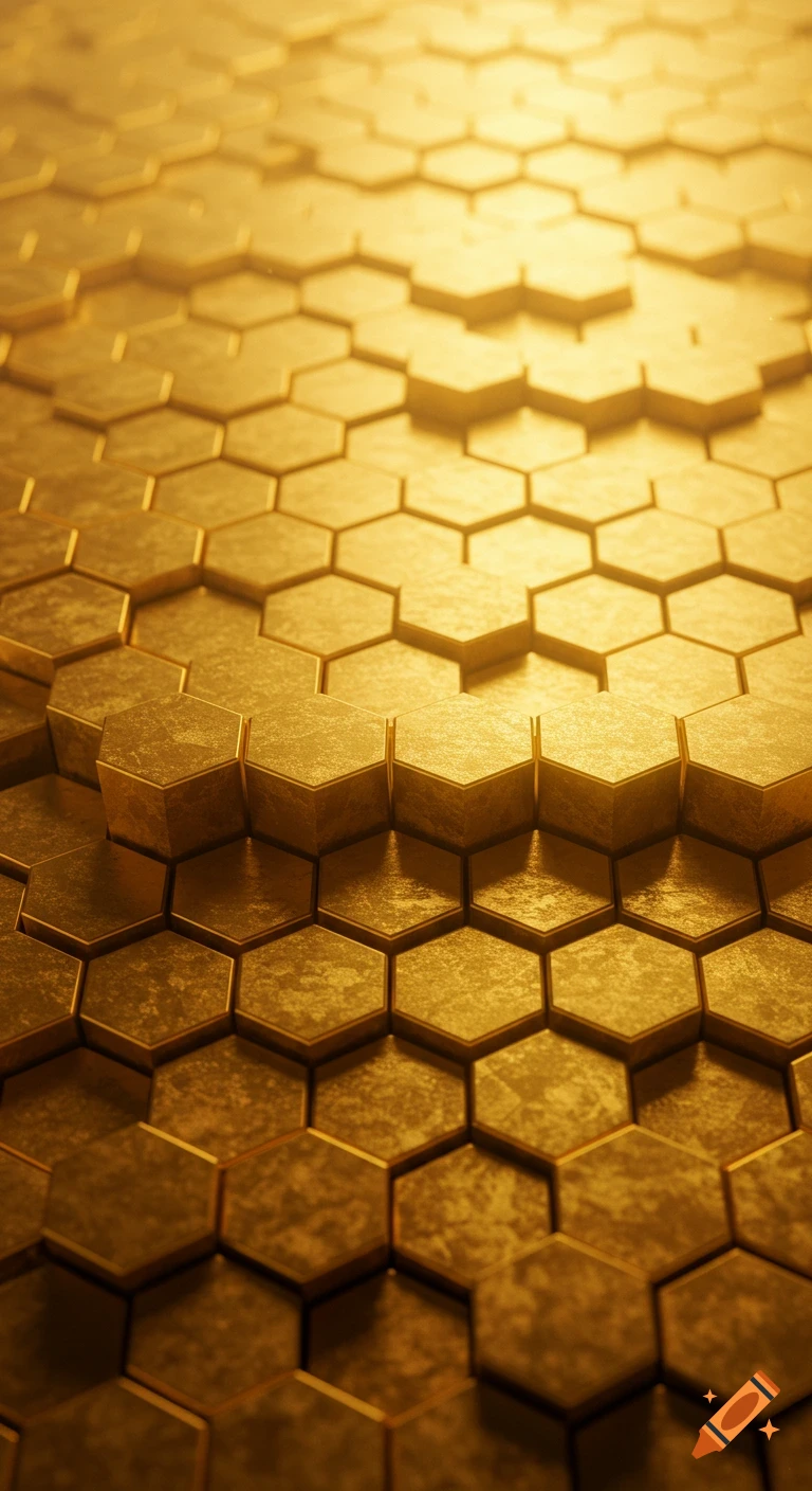 Close-up abstract view of a golden honeycomb pattern with a hazy glow.