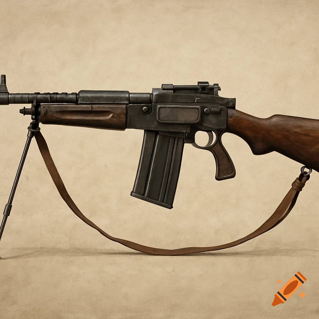 Fictional machinegun with bipod and strap against a plain background.