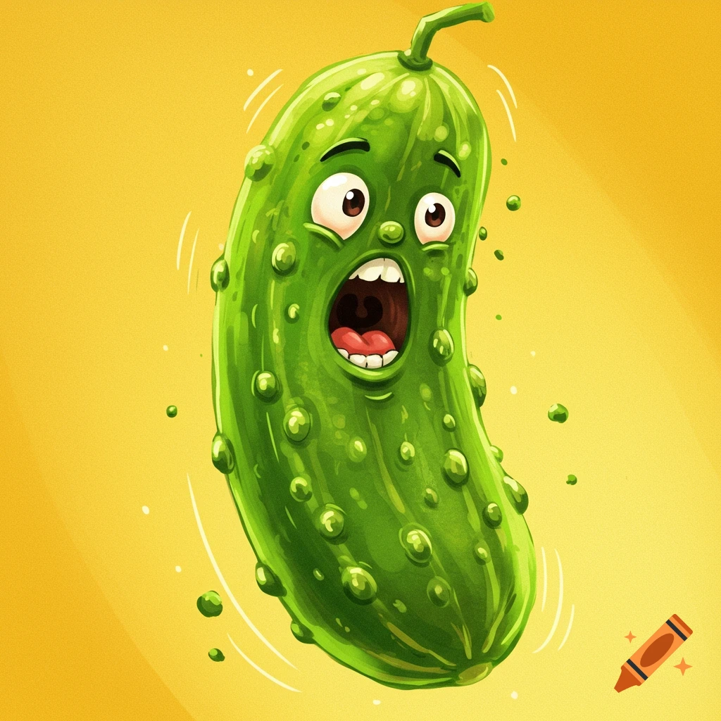 Cartoon illustration of a screaming pickle.