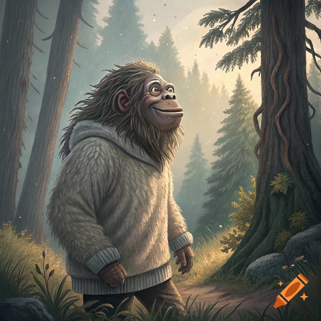 A friendly-looking Bigfoot in a hoodie stands in a sunlit forest clearing.