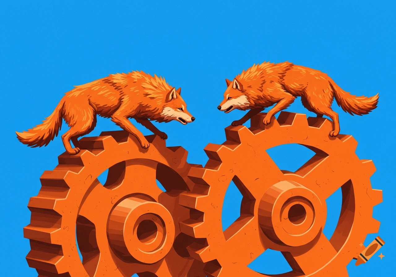 Two stylized orange wolves stand on interconnected orange gears against a solid blue background.