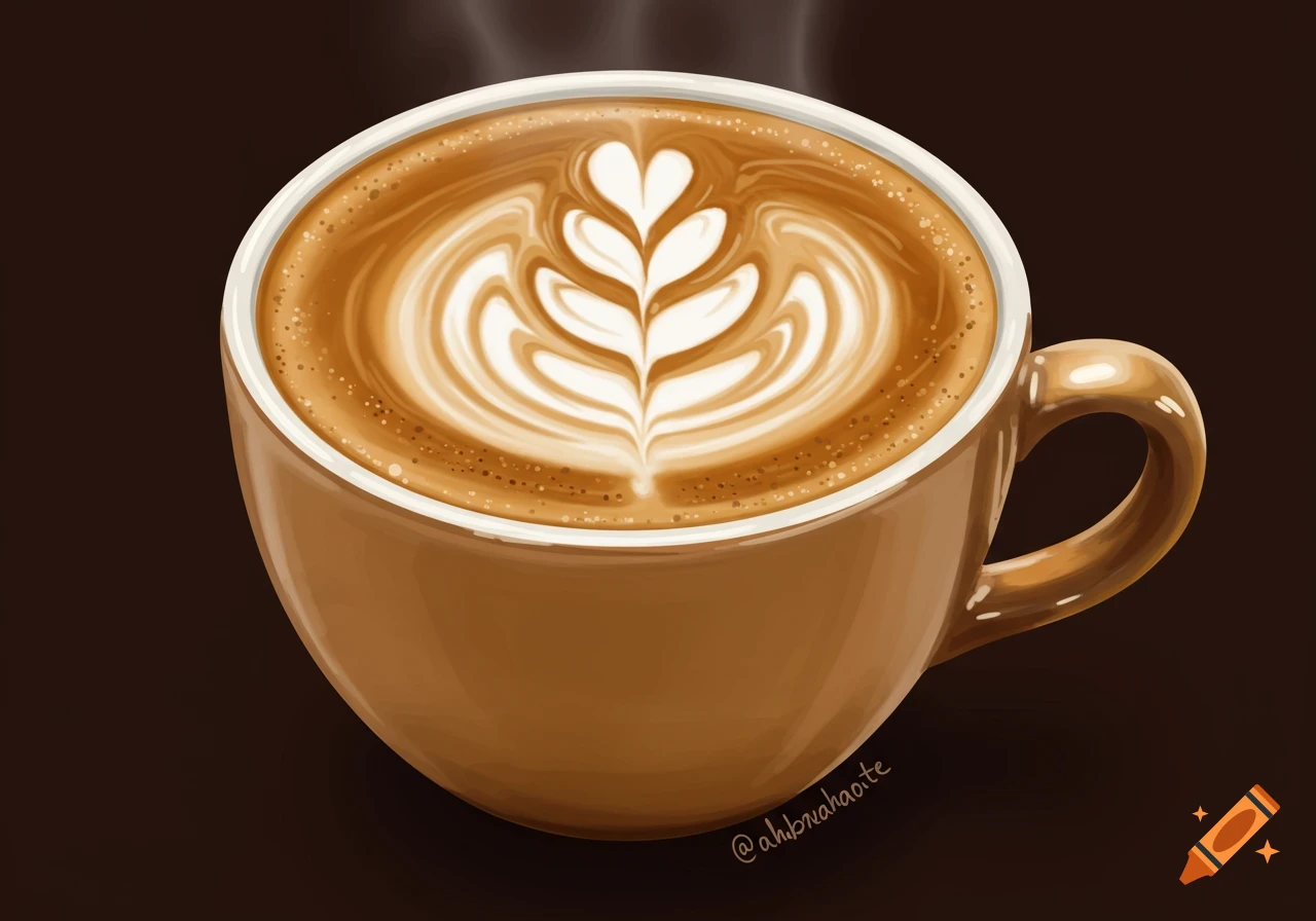 A digital illustration of a brown coffee cup with detailed latte art on a dark background.