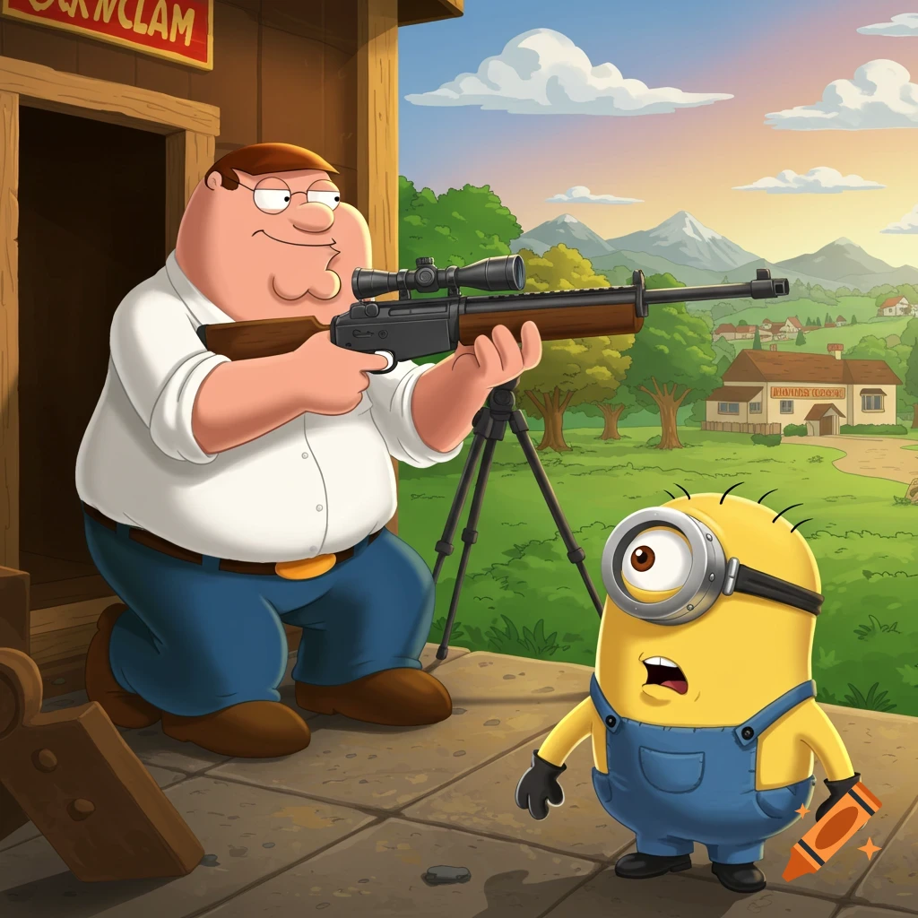 Peter Griffin aims a rifle with a scope at a scared Minion in a field.