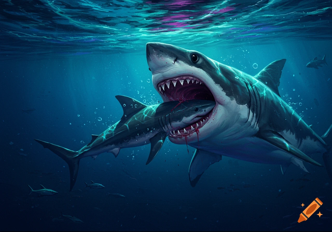 Illustration of a large shark eating a smaller shark underwater.