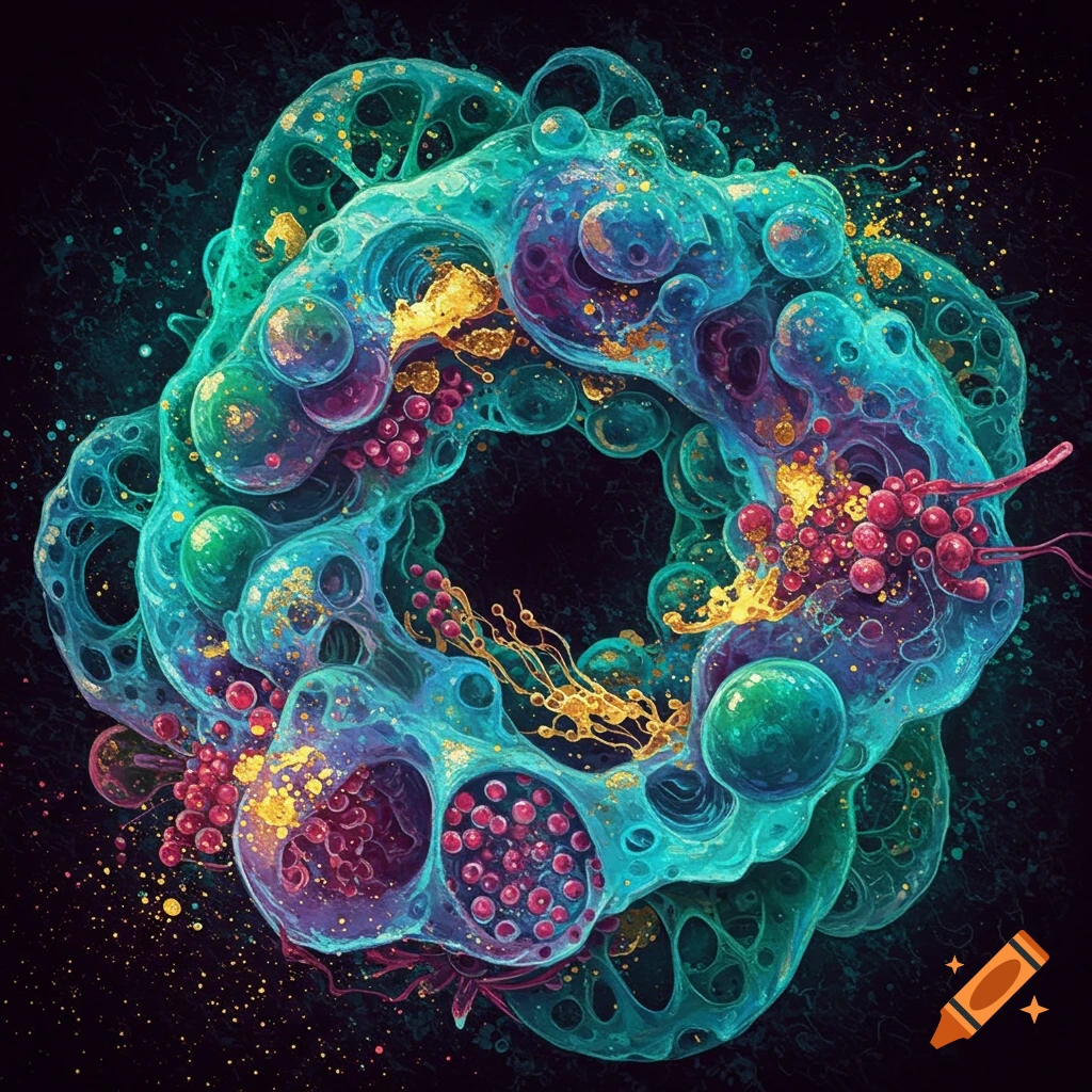 An abstract, colorful biological form or cell structure.