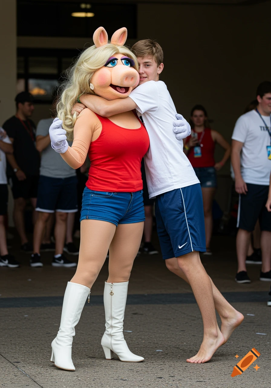 A person in a Miss Piggy costume wearing a red tank top and blue shorts hugs a barefoot teenage boy in a white t-shirt.