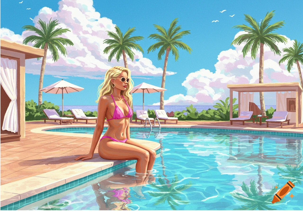 A blonde woman in a pink bikini sits on the edge of a tropical pool with palm trees and a beach hut under a sunny sky, digital painting.