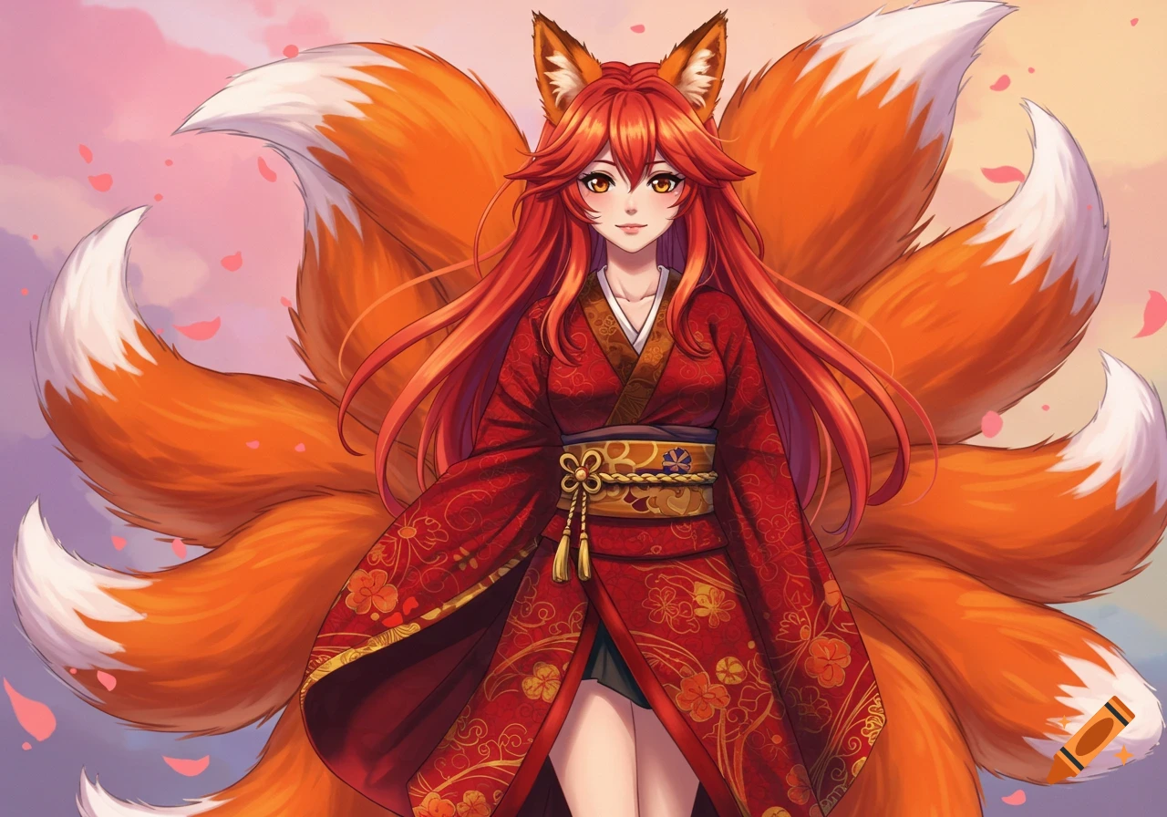 Anime illustration of a fox girl with red hair and multiple tails in a red kimono.