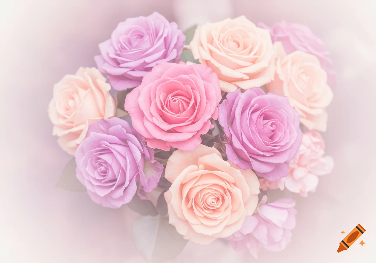 Close-up of a bouquet of pink, purple, and peach pastel roses.