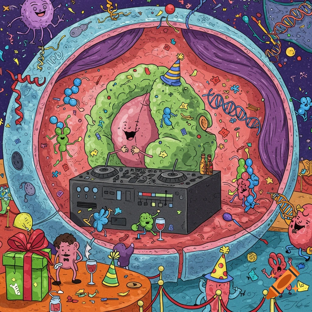 Cartoon of cell parts partying inside a nucleus with a DJ table, confetti, and presents.