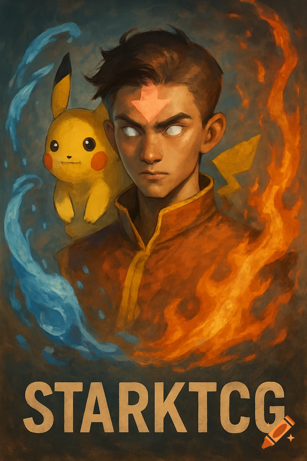 Painting of Aang and Pikachu with StarkTCG text at the bottom.