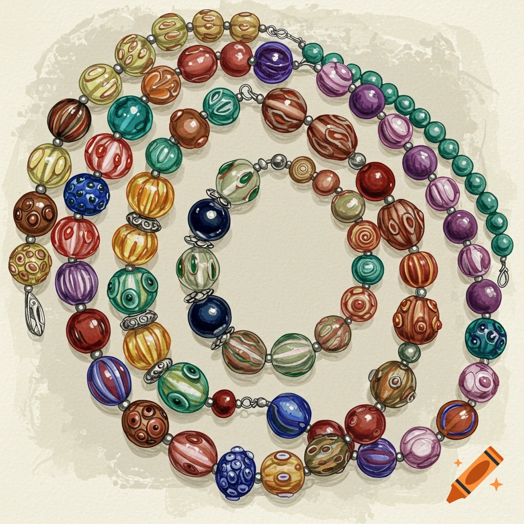 Swirling arrangement of colorful glass beaded necklaces and bracelets with various patterns.