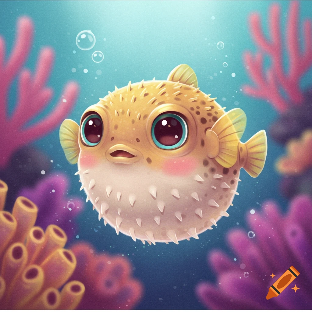 A cute, round baby pufferfish swims in a vibrant cartoon underwater scene with coral and bubbles.