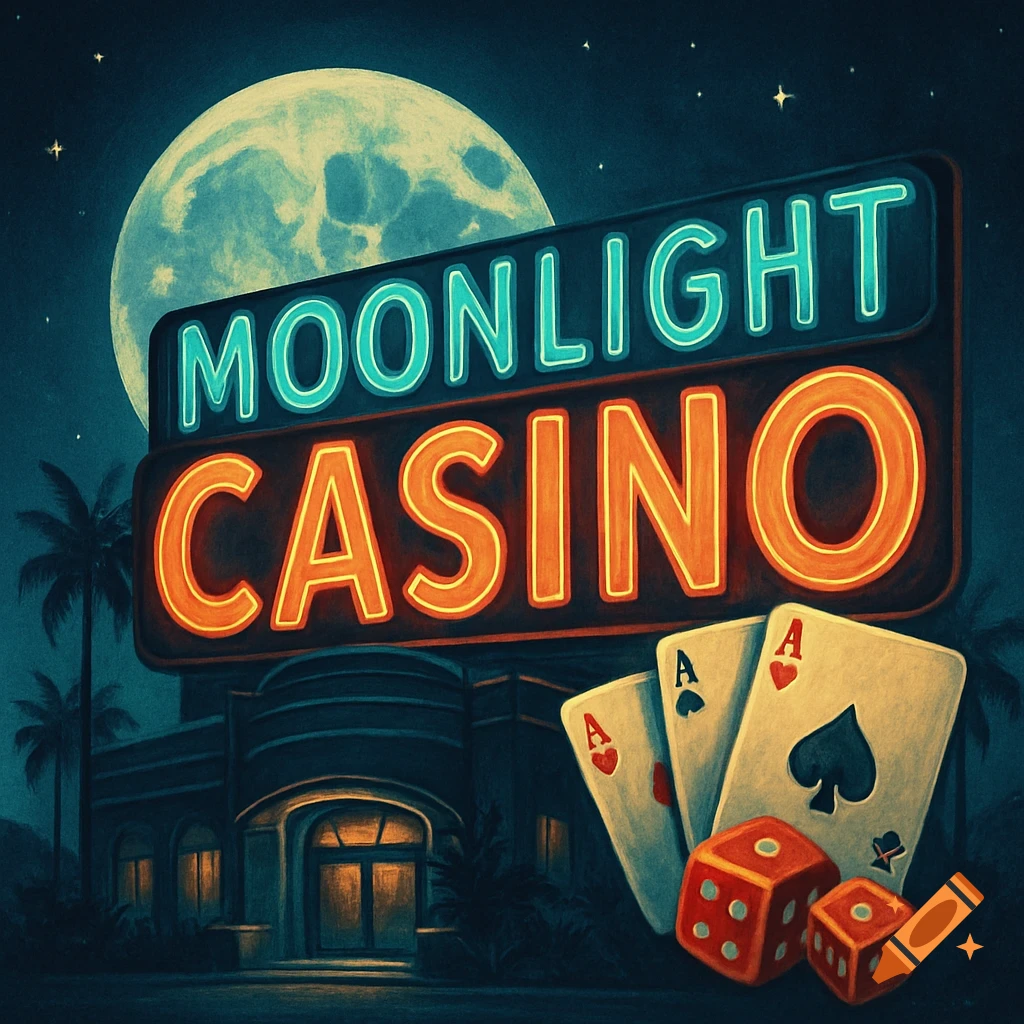 Neon sign for Moonlight Casino with cards, dice, building, and moon at night.