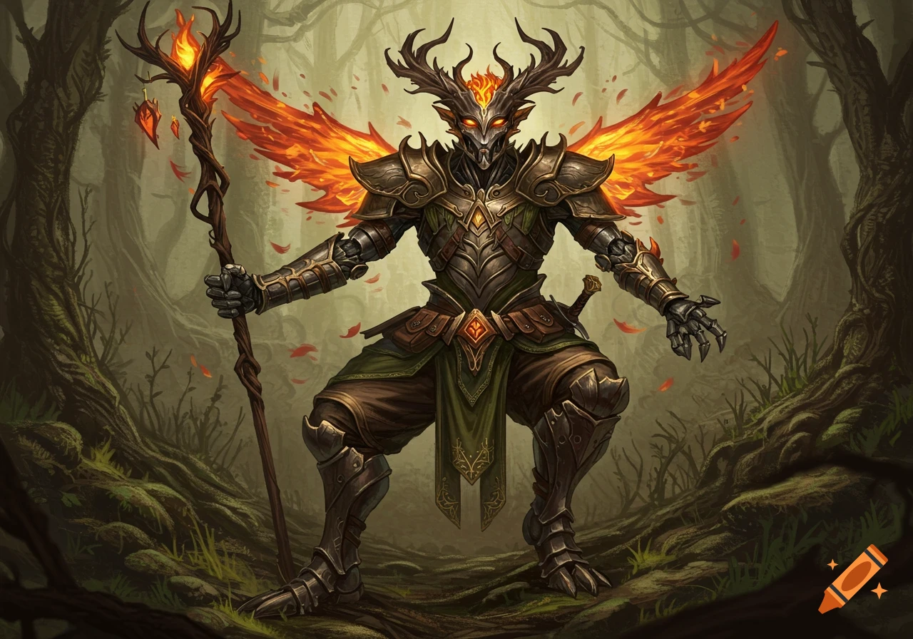 A warforged wildfire druid with glowing eyes, antlers, fire wings, and a staff stands in a forest.