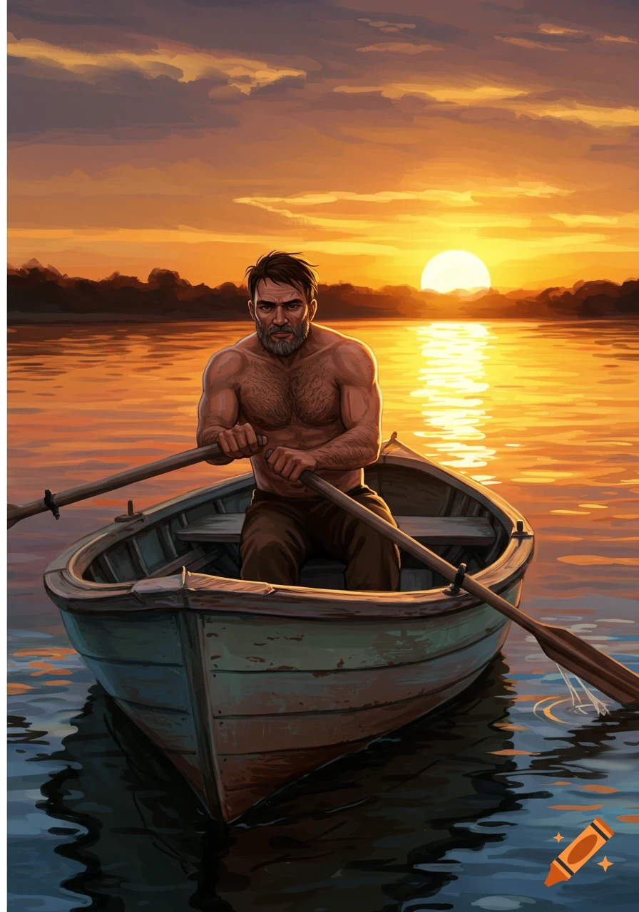 Man rowing boat on water at sunset