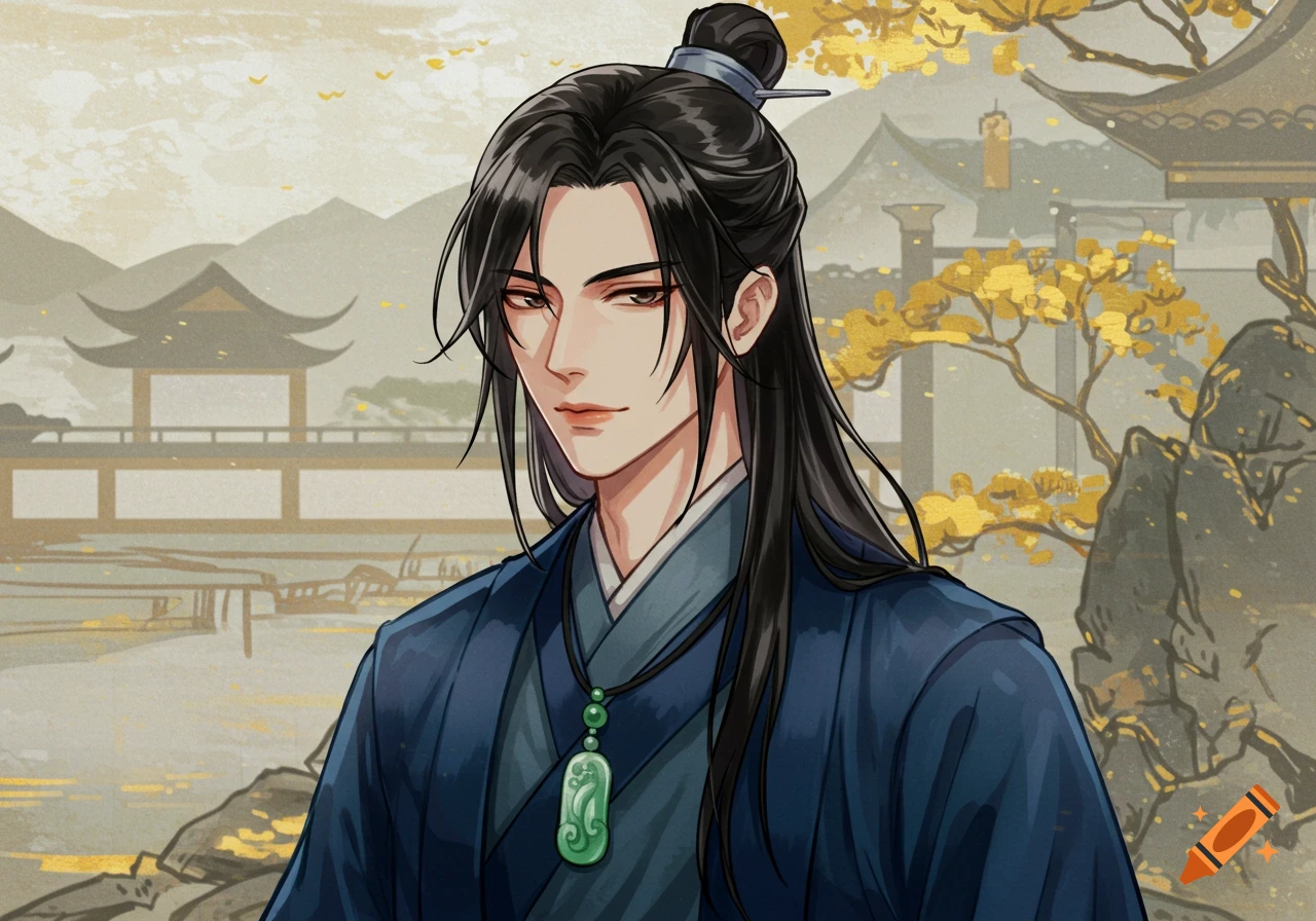 Portrait of a man in traditional blue clothing and jade pendant, with long black hair, against traditional architecture in anime style.