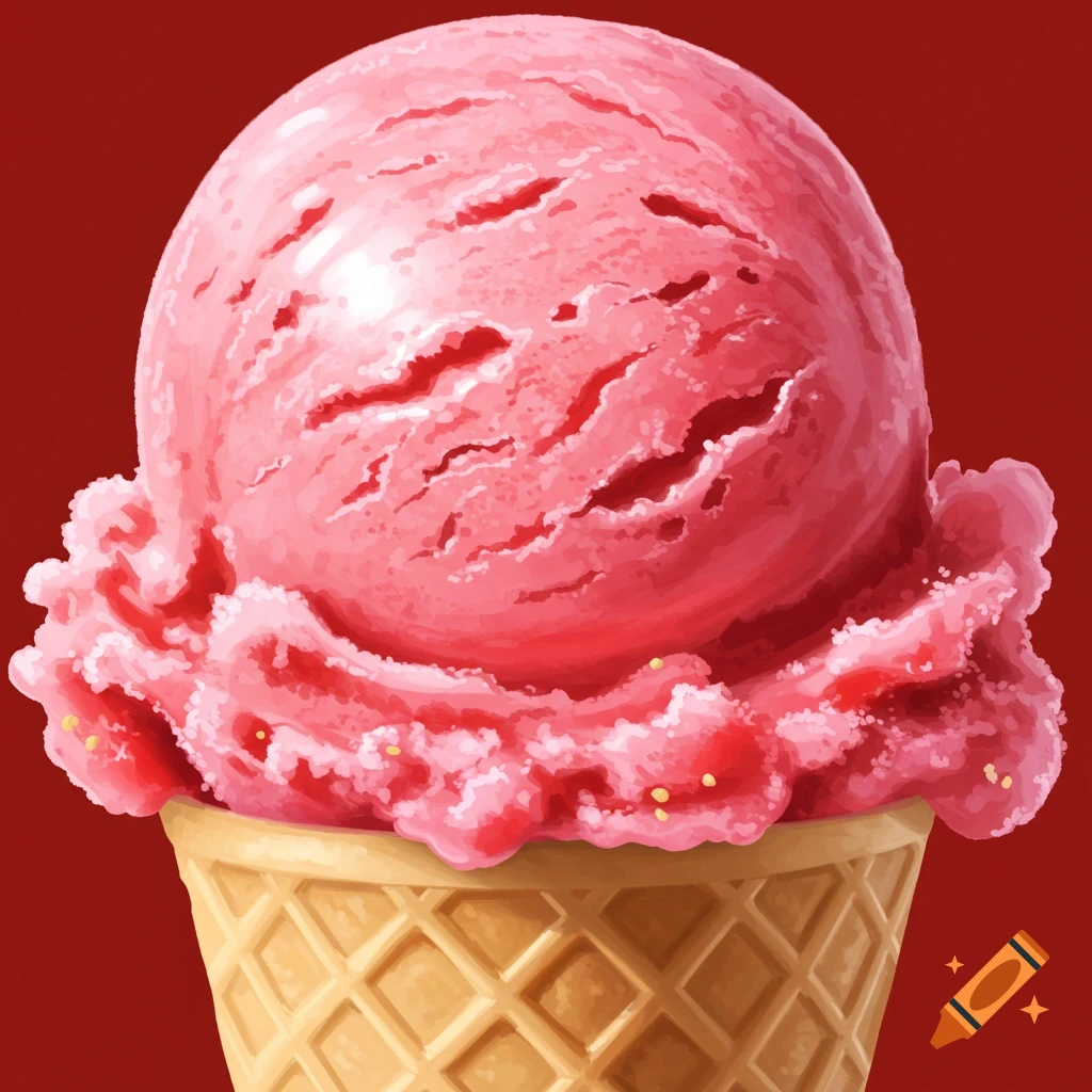 A scoop of pink ice cream on a waffle cone against a red background in a close-up illustration.