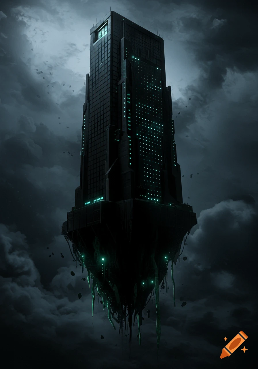 Dark sci-fi skyscraper floating in a cloudy sky