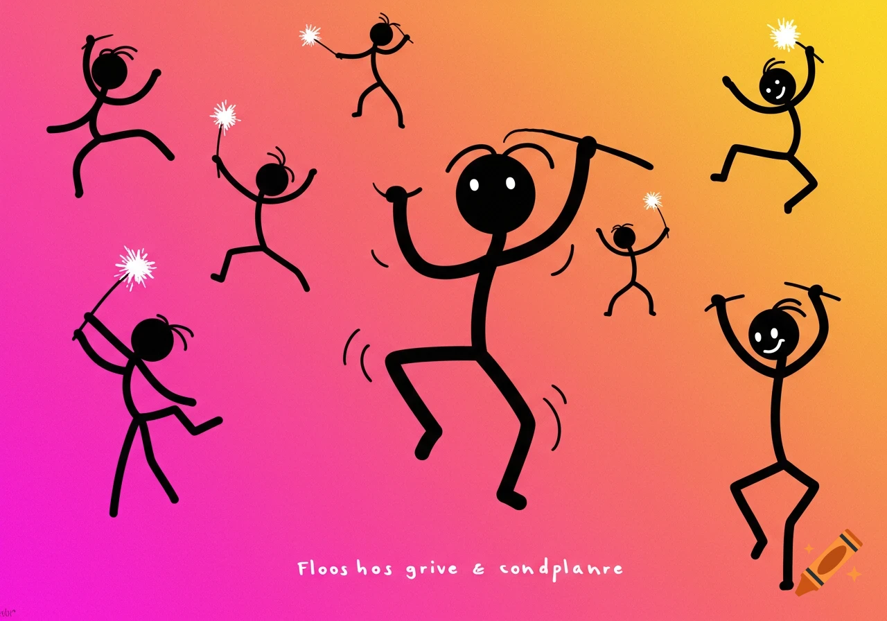 Stick figures dance the floss on a pink and orange gradient background with nonsensical text.