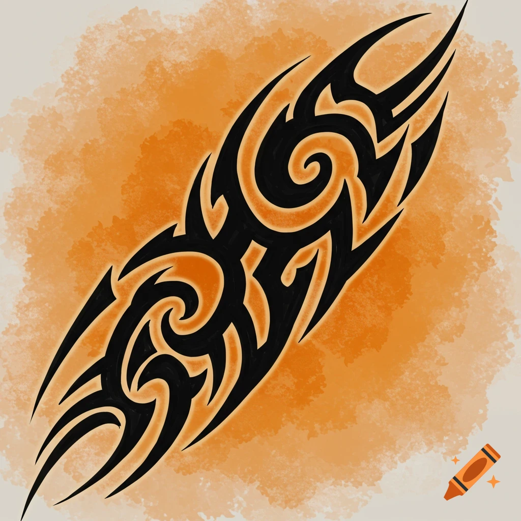 A black tribal tattoo design with swirls and points on an orange textured background.