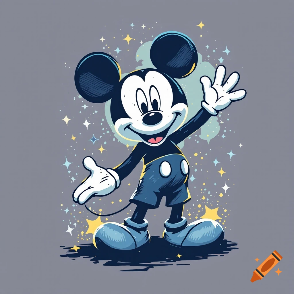 Illustration of Mickey Mouse waving with a starry background.