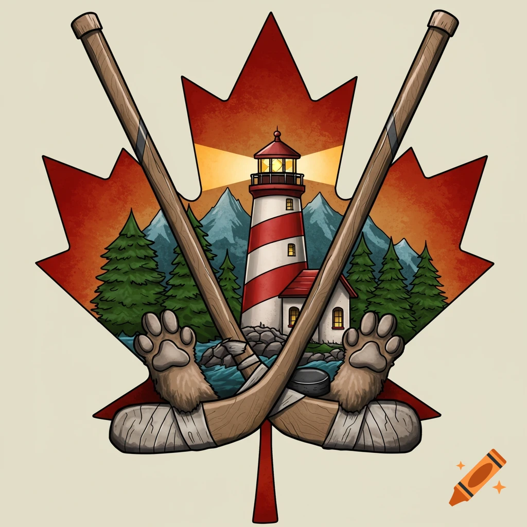 Tattoo design with crossed hockey sticks, lighthouse, bear paws, and maple leaf background.