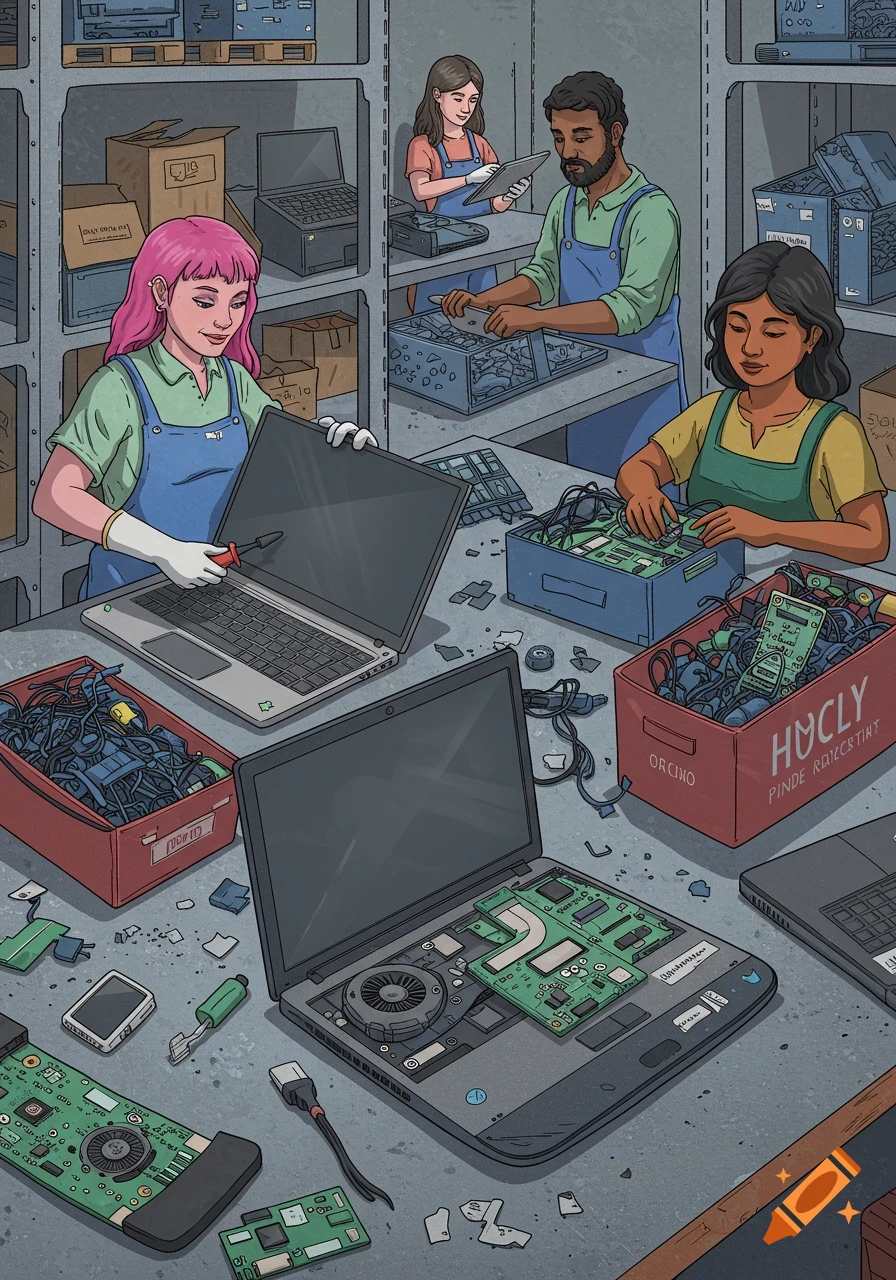 Illustration of people recycling laptops and electronics components in a workshop.